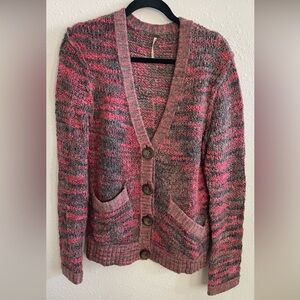 Free People Women's Pink and Gray Cardigan Sweater